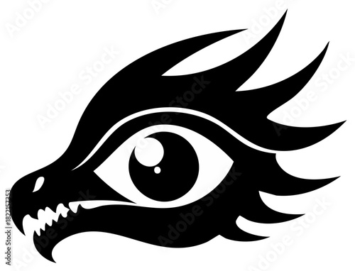 Black stylized dragon head with sharp teeth and fiery mane silhouette
