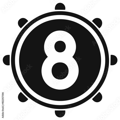 Number eight in a circular frame with protruding bumps, black and white icon.