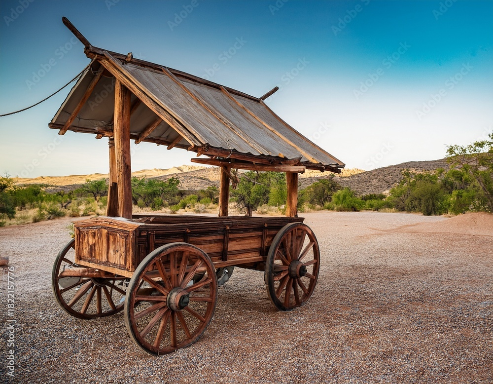 Obraz premium rustic wood cart weathered paint aged wheels under canopy