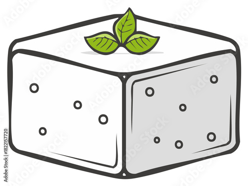 Hand drawn vector illustration of a block of tofu or feta cheese with a fresh herb garnish