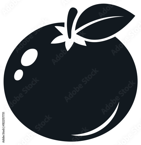 Simple illustration of a dark fruit with leaves and a stem, modern flat design.