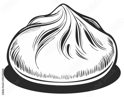 Sketch of a Steamed Bun with a Unique Top Knot Design Featuring Intricate Shading and Fine Lines