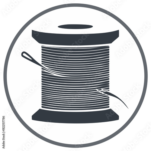 Monochrome sewing thread spool with a needle vector icon in a circular frame