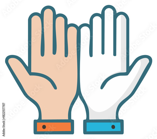 Diversity and contrast two raised hands palms facing forward concept in minimalist style illustration