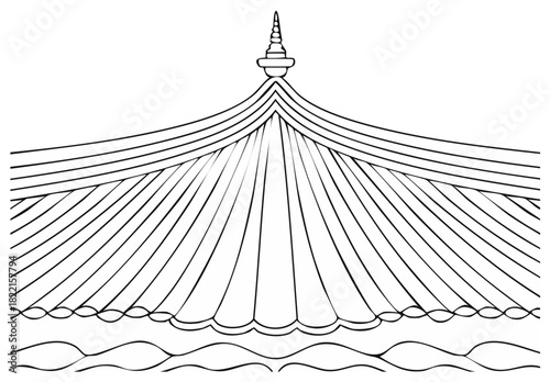 Ornate Asian temple roof line art with decorative finial over abstract waves