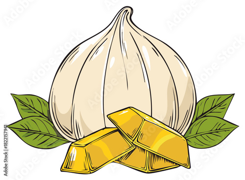 Conceptual art of a garlic bulb and gold ingots representing health is wealth