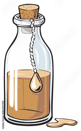 Vintage cartoon potion bottle with cork stopper, liquid drop and spilled potion illustration