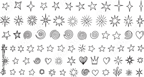 Collection of Hand Drawn Stars Hearts Spirals and Sunbursts Doodle Elements vector illustration