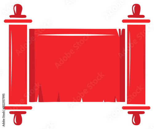 Red Scroll Banner with Decorative Ends and Jagged Edges