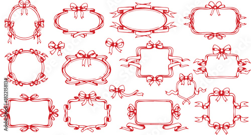 Collection of Hand Drawn Red Ribbon Frames and Bows Decorative Elements on White Background vector