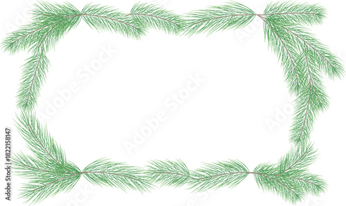 Rectangular frame made of green pine branches with blank center on transparent background for festive decorative design