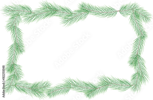Rectangular frame made of green pine branches with blank center on transparent background for festive decorative design