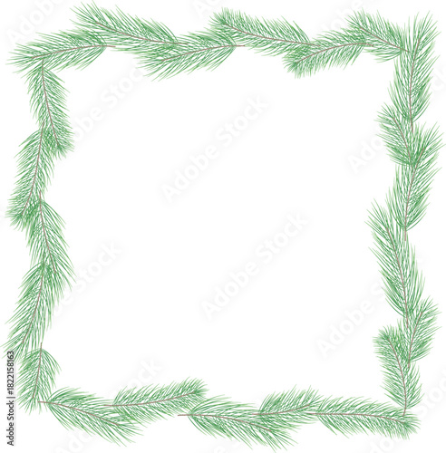Rectangular frame made of green pine branches with blank center on transparent background for festive decorative design
