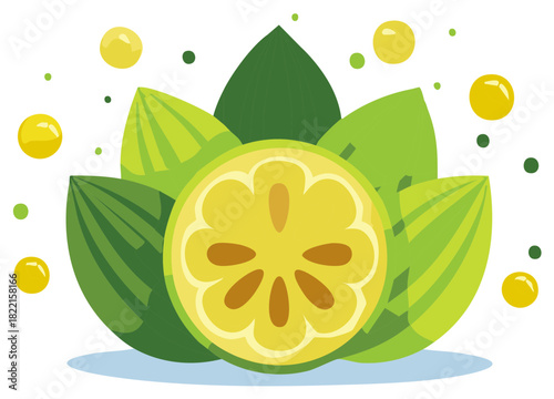 Illustration of a juicy citrus fruit half surrounded by green leaves and floating yellow spheres