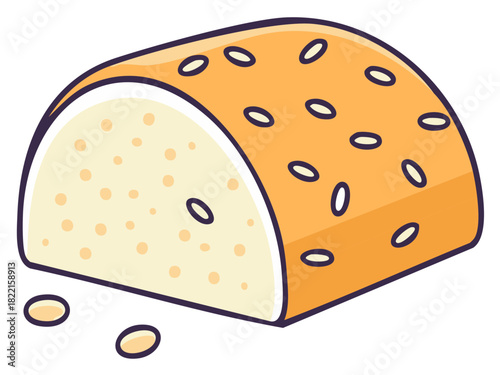 Cartoon illustration of a single sesame seed bun slice with sprinkled seeds
