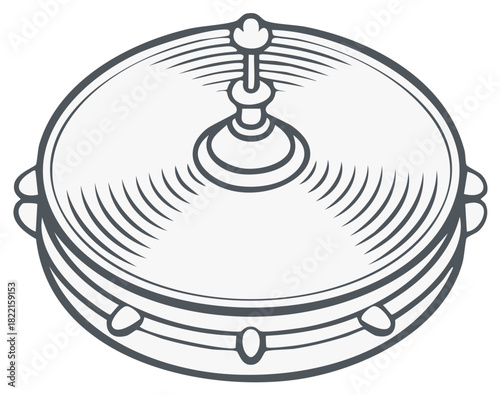 Line art of a tambourine featuring jingles and a drum head with an ornate handle