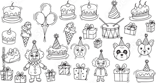 Hand drawn doodle birthday party elements including cakes balloons ice cream clowns and gifts
