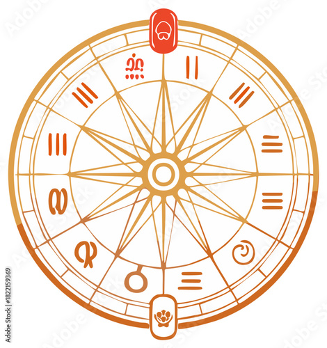 Intricate Astrological Chart with Symbols and Numerals Round Design Element