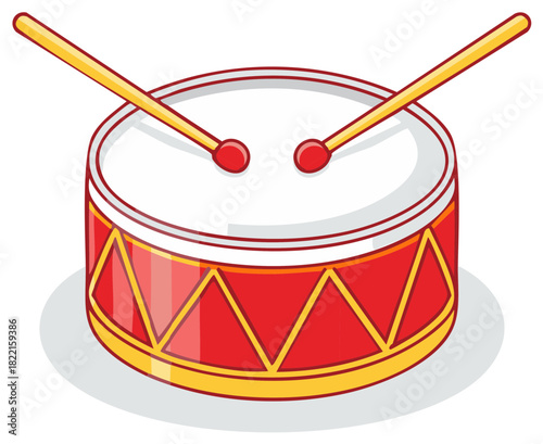 Stylized red drum with triangle design and drumsticks, music equipment on white background