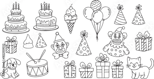 Hand Drawn Doodle Elements for Birthday Party Celebration with Cakes Gifts and Animals vector illustration