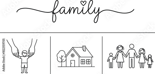 Simple family illustration with house stick figures and heart symbol