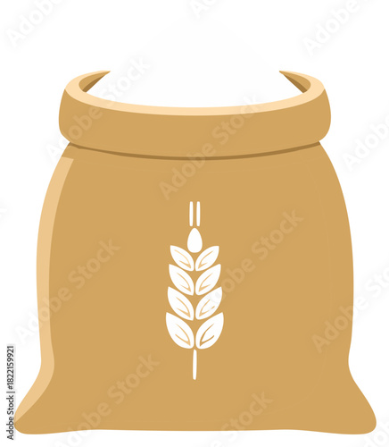 Brown burlap sack full of white flour with a wheat stalk symbol for baking or agriculture