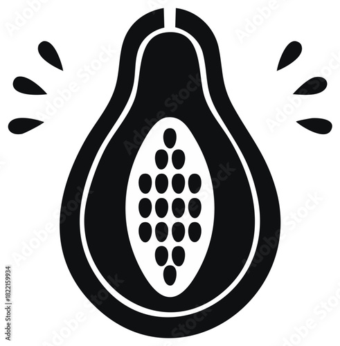 Simple black silhouette icon of a juicy papaya fruit cut in half with seeds
