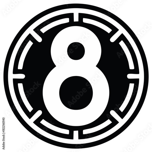 Graphic Black and White Number 8 Symbol Inside Circular Maze Pattern
