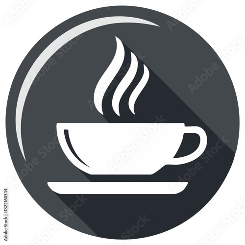Steaming coffee cup and saucer flat design icon in dark gray circle, hot beverage concept.