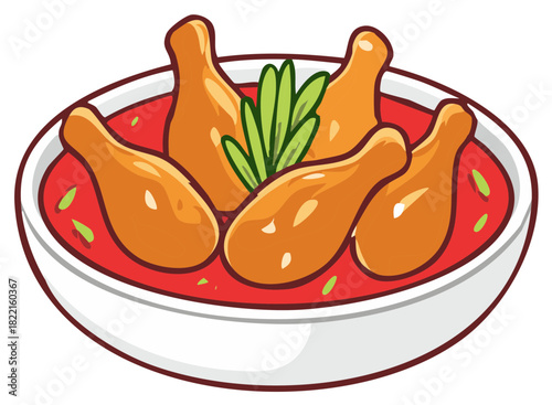 Cartoon illustration of chicken drumsticks in a bowl with sauce and herbs