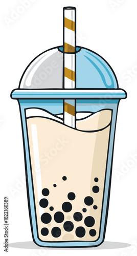 Cartoon bubble tea or boba milk tea with tapioca pearls vector illustration