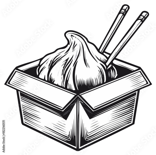 Dumpling in an open Chinese food takeout box with chopsticks simple illustration