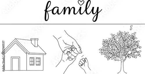 Simple black and white family illustration with house hands and tree