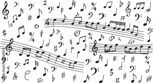 Hand Drawn Musical Notes and Symbols Scattered on White Background treble clef bass clef