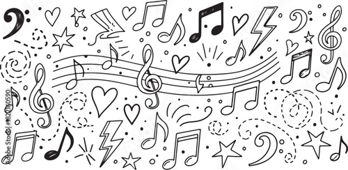 Hand-drawn musical notes treble clefs and hearts on a white background doodle