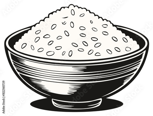 Stylized black and white illustration depicting a full bowl of fluffy white cooked rice a global culinary staple