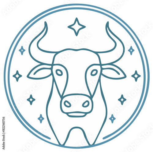 Taurus Zodiac Sign Illustration in Blue Outline, Astrology Symbol, Constellation in Circle with Stars, Celestial Graphic Element