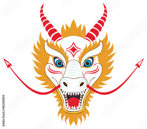 Fierce Traditional Chinese Dragon Head Vector Illustration with Golden Mane