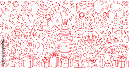 Red outline doodle art of birthday party elements with clowns cat and monkey vector illustration