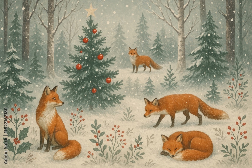Obraz premium Foxes in snowy forest background