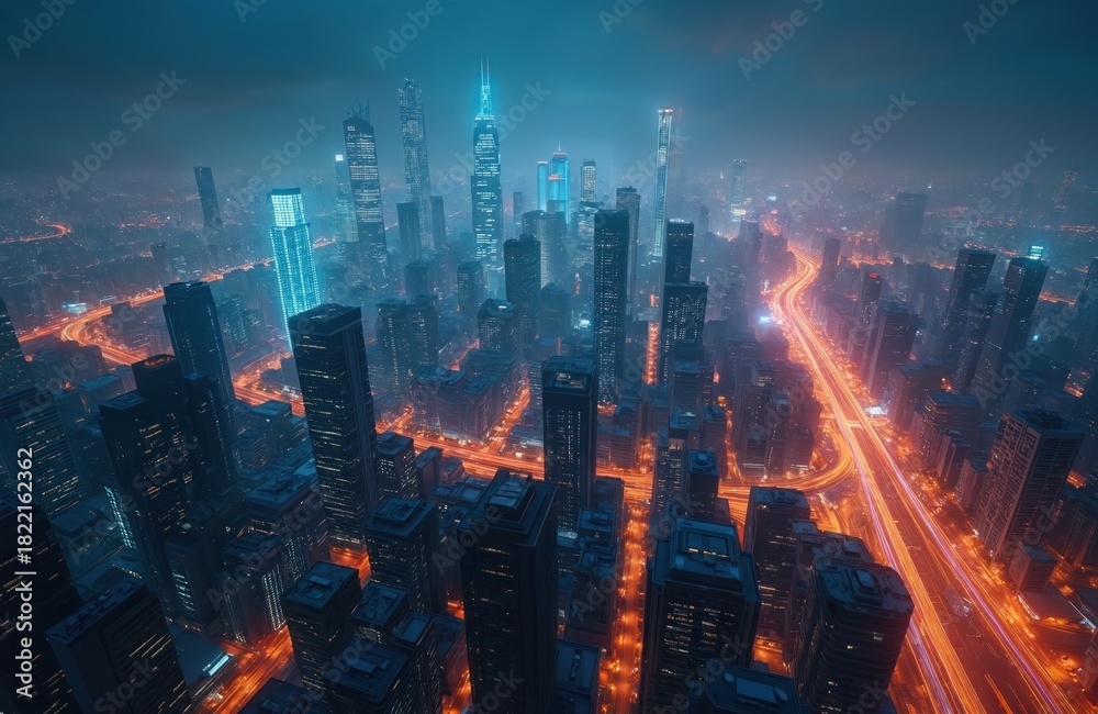 Fototapeta premium Night aerial view of futuristic city with illuminated highway. Modern skyscrapers dominate urban skyline. Glowing lights outline streets, buildings. Great illustration of big cityscape development,