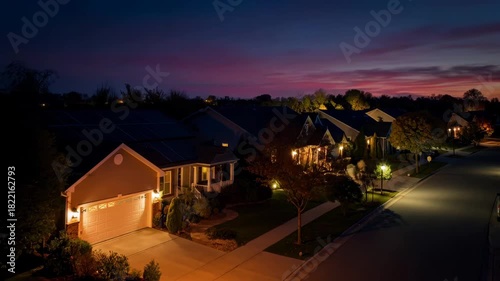 Evening suburban scene transitions from twilight to night, showcasing illuminated homes with solar panels, camera pans across the neighborhood capturing warm ambiance and serene atmosphere