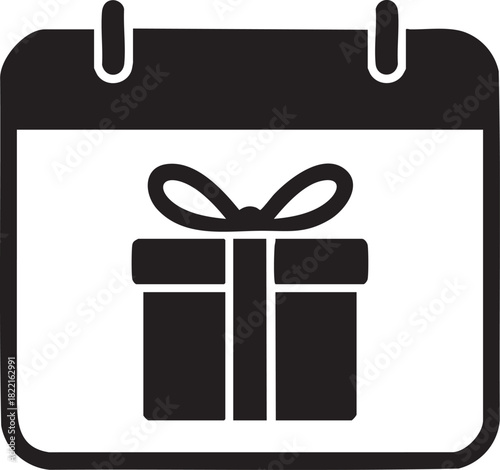 Black and white calendar displays gift icon showing special occasion date on transparent background