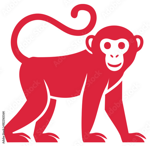 Stylized Red Monkey Illustration Facing Forward with Curly Tail Standing Upright