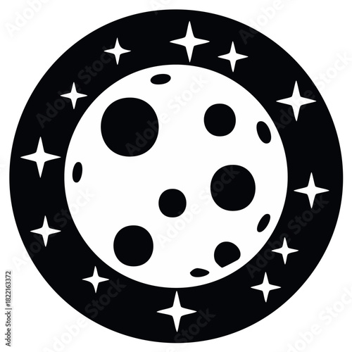 Minimalist full moon with craters surrounded by sparkling stars in a clean cosmic emblem design