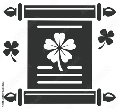 Irish Celebration Scroll with Four Leaf Clover and Shamrocks Graphic