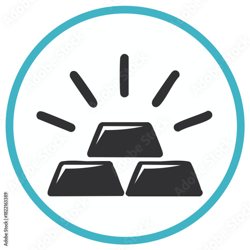 Gleaming stack of gold bars icon with radiating light in a circular frame