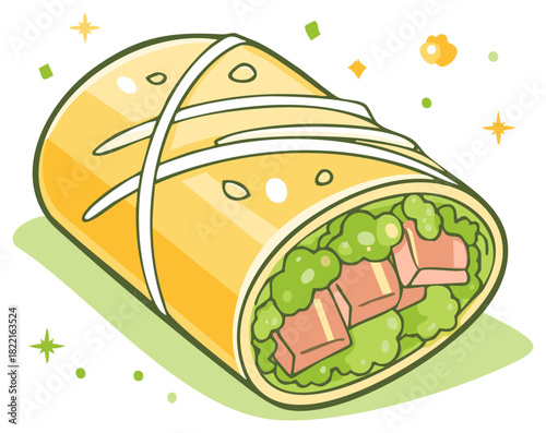 Illustration of a burrito wrap filled with meat and lettuce with bright, cheerful decorations