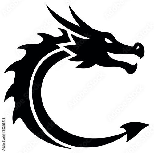 Black dragon illustration, stylized Chinese mythological creature, tattoo design concept