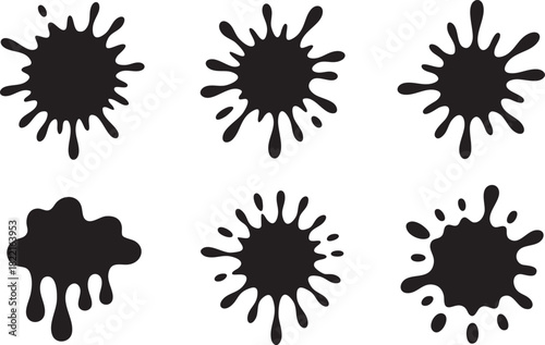 Six black ink blots of varying shapes adorn the white background, isolated graphic